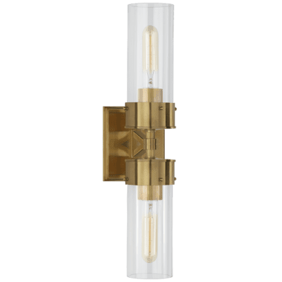 Marais Large Double Bath Sconce in Hand-Rubbed Antique Brass with Clear Glass